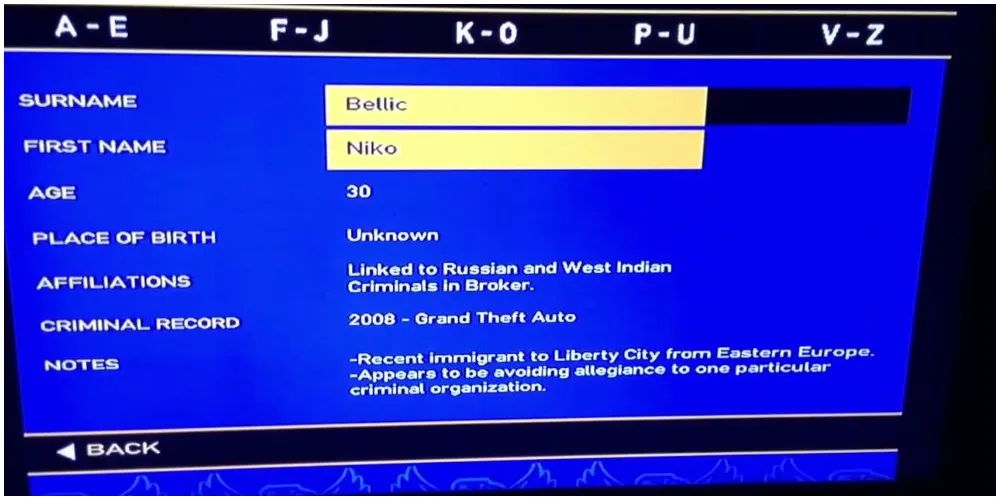 گزارش پلیس در مورد شخصیت اصلی بازی GTA IV